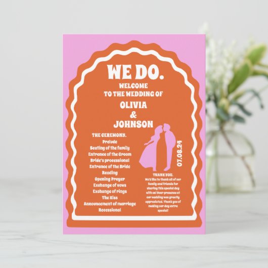 Wij doen Oranje Retro Arch Bruiloft Orde van Servi Programmakaart (Staand voorkant)