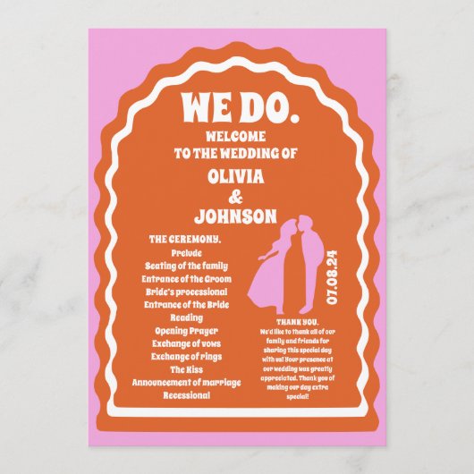 Wij doen Oranje Retro Arch Bruiloft Orde van Servi Programmakaart (Voorkant)