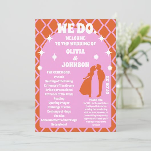 Wij doen Oranje Retro Boho Wedding Order of Servic Programmakaart (Staand voorkant)