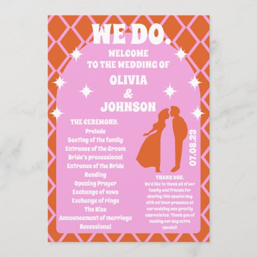 Wij doen Oranje Retro Boho Wedding Order of Servic Programmakaart (Voorkant)