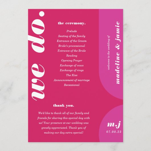Wij doen Roze Retro Stijl Bruiloft Orde van Servic Programmakaart (Voorkant)