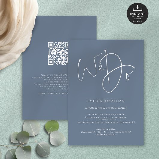 Wij doen script Dusty Blue White QR bruiloft Kaart