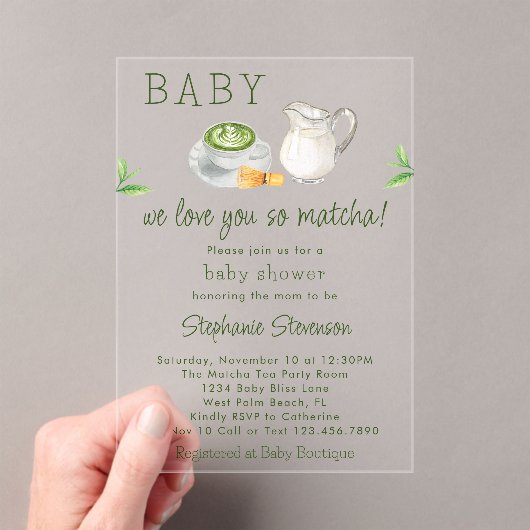 Wij houden van je dus Matcha Green Tea Baby shower Acryl Uitnodigingen (Insitu (Draagbaar))