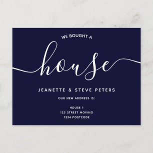 Wij kochten een huis blauw eenvoudig manuscript be aankondigingskaart