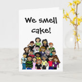 "Wij ruiken cake!" verjaardags kaart (Gele Bloem)