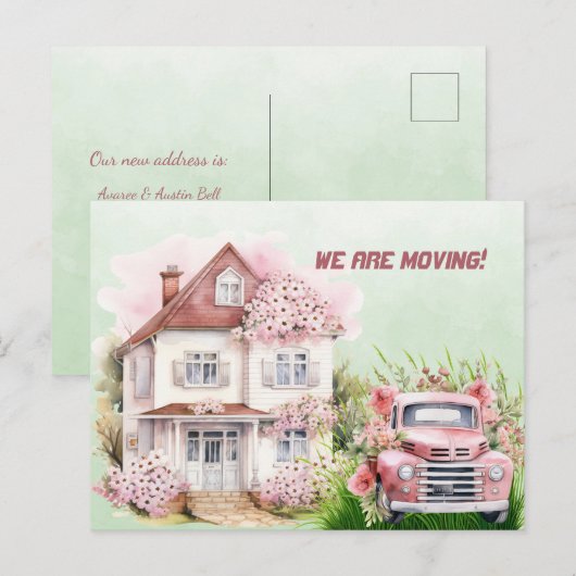 Wij verplaatsen Roze  Vrachtwagen en Huis Briefkaart (Voorkant / Achterkant)