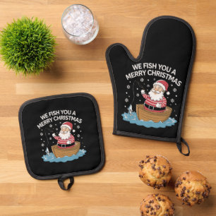 Wij vissen u een vrolijke kerstvisser Gevist Ovenwant & Pannenlap Set