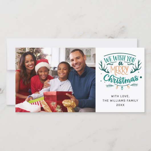 Wij wensen u een Blauwgroen kerstfoto van de prett Feestdagenkaart (Voorkant)