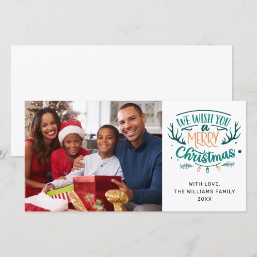 Wij wensen u een Blauwgroen kerstfoto van de prett Feestdagenkaart (Voorkant / Achterkant)