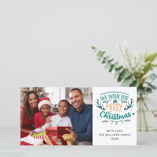 Wij wensen u een Blauwgroen kerstfoto van de prett Feestdagenkaart (Staand voorkant)