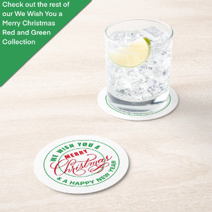 Wij wensen u een vrolijk kerstfeest rood en groen ronde kartonnen onderzetter