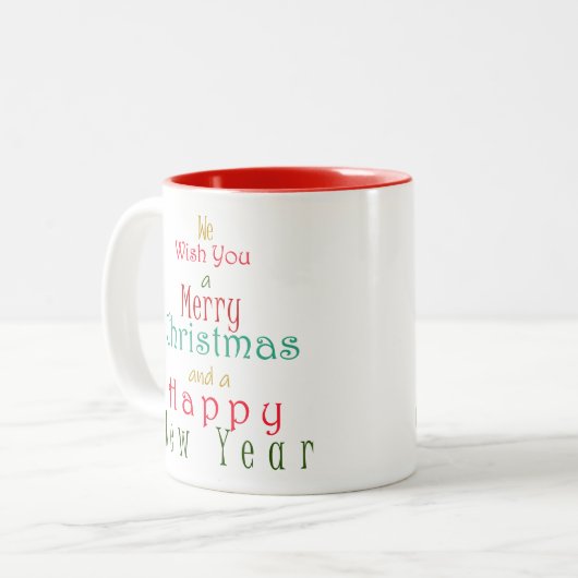 "Wij wensen u een vrolijk kerstfeest" Tweekleurige Koffiemok (Voorkant links)