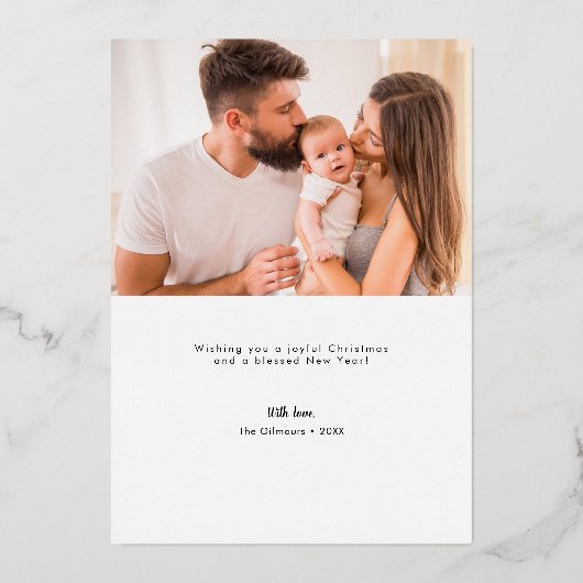 Wij wensen u een vrolijke kerstboom familie foto folie feestdagenkaart (Achterkant)