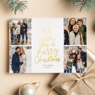 Wij wensen u een Vrolijke Kerstmis rood goud vier  Folie Feestdagenkaart