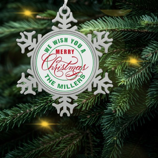 Wij wensen u een vrolijke kerstnaam tin sneeuwvlok ornament