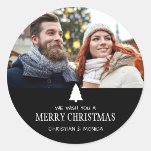Wij wensen u een vrolijke kerstpijnboom foto ronde sticker