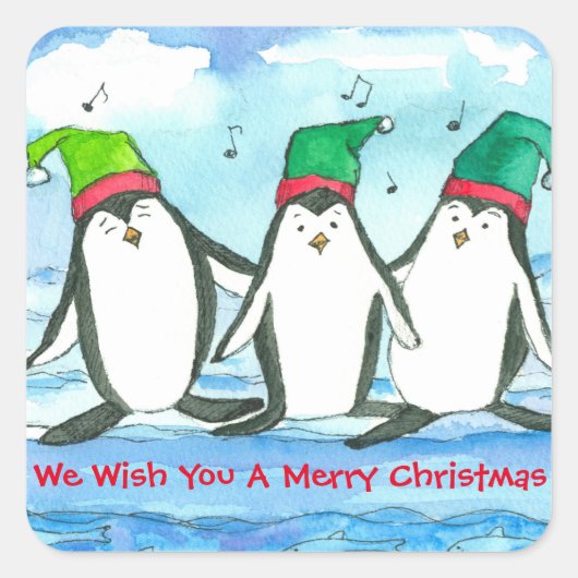 Wij wensen u een vrolijke kerstpinguïns vierkante sticker (Voorkant)