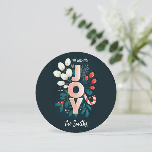 Wij wensen u JOY, kerstsnoepriet en olievlek Feestdagenkaart (Staand voorkant)