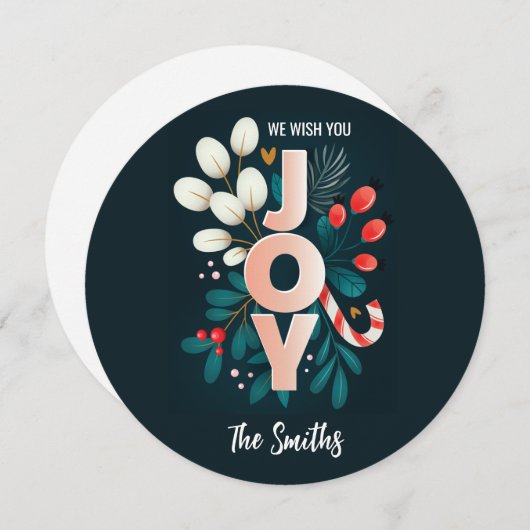 Wij wensen u JOY, kerstsnoepriet en olievlek Feestdagenkaart (Voorkant / Achterkant)