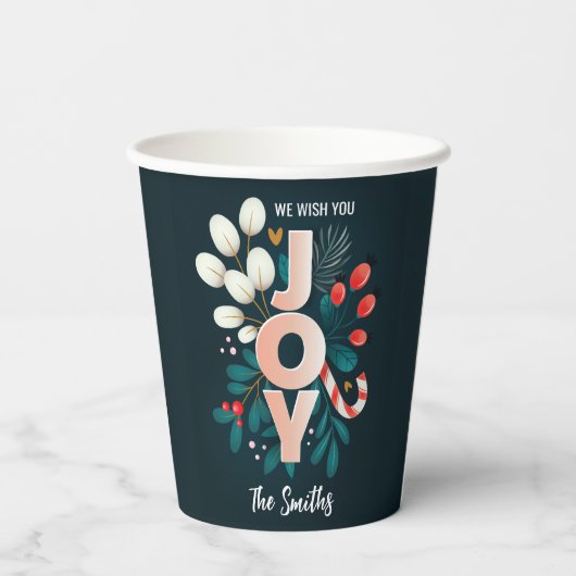 Wij wensen u JOY, kerstsnoepriet en olievlek Papieren Bekers (Achterkant)