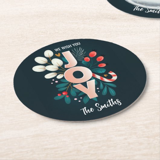 Wij wensen u JOY, kerstsnoepriet en olievlek Ronde Kartonnen Onderzetter (Gebogen)
