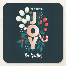 Wij wensen u JOY, kerstsnoepriet en olievlek Ronde Kartonnen Onderzetter