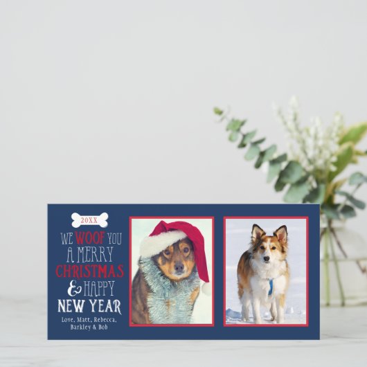 Wij Woof You A Merry Christmas Dog Pet Photocard Feestdagenkaart (Staand voorkant)