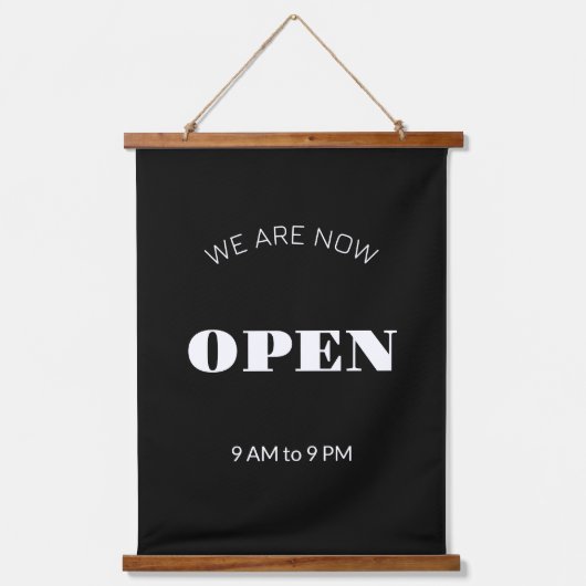 Wij zijn nu open zwart-wit kantooruren teken hangend wandkleed (Voorkant)