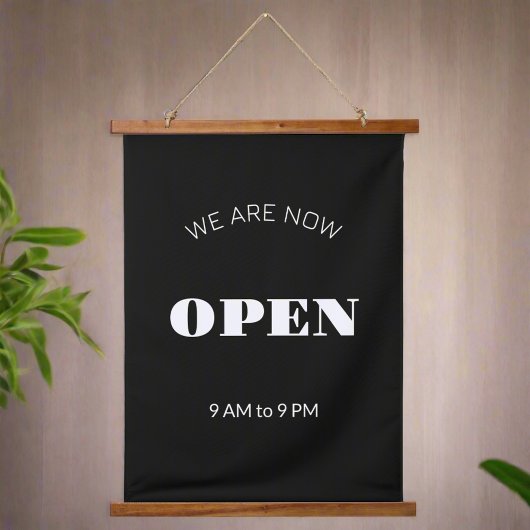 Wij zijn nu open zwart-wit kantooruren teken hangend wandkleed