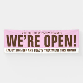 Wij zijn open beauty business roze bruin wit promo spandoek