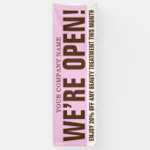 Wij zijn open beauty business roze bruin wit promo spandoek (Verticaal)