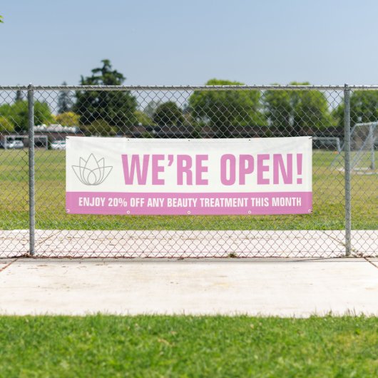 Wij zijn open beauty business roze wit logo promo spandoek (Insitu)