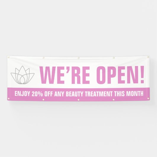 Wij zijn open beauty business roze wit logo promo spandoek (Horizontaal)