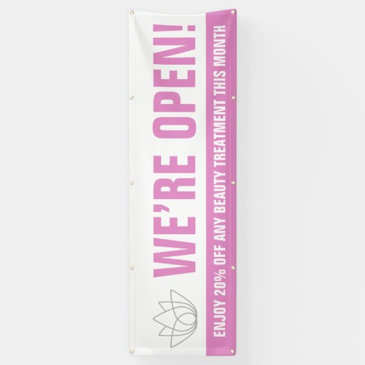Wij zijn open beauty business roze wit logo promo spandoek (Verticaal)