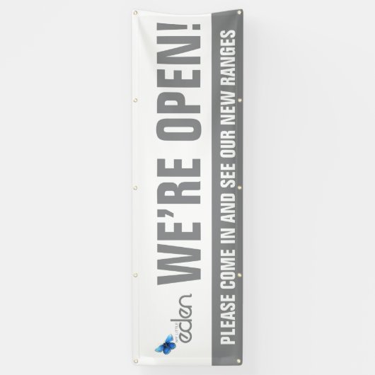 Wij zijn open business grijs logo en bericht spandoek (Verticaal)