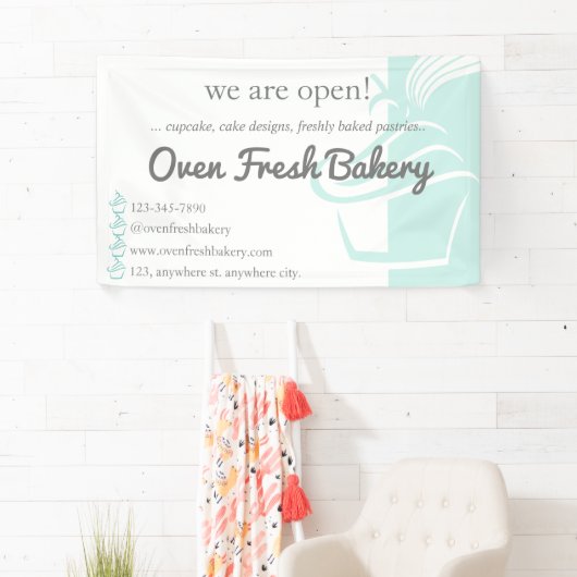 Wij zijn Open Mint Green Cupcake Bakery Business Spandoek (Insitu)
