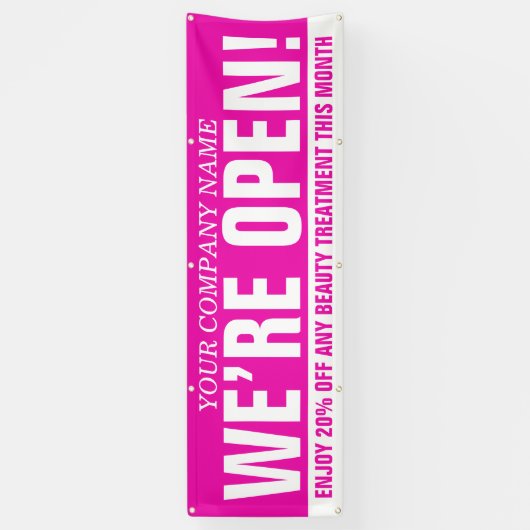 Wij zijn open schoonheidszaken roze witte signage spandoek (Verticaal)