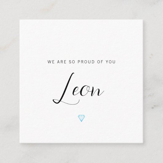 Wij zijn zo trots op u, met een blauwe diamantkaar informatiekaartje (Voorkant)