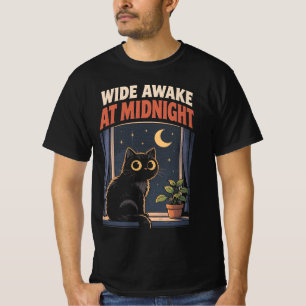 Wijd wakker om middernacht Grappige Zwarte Kat Nac T-shirt