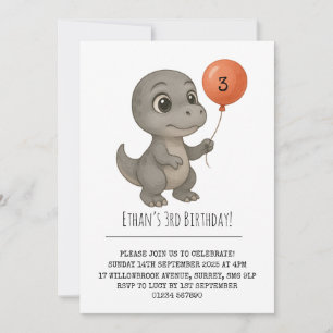 Wijdogige grijze dinosaurus met ballon verjaardag kaart
