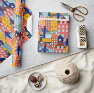 Wijk Blok Stads Huizen Patroon Cadeaupapier