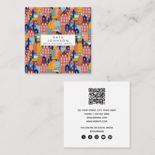 Wijk Blok Stads Huizen QR Code Vierkante Visitekaartje (Voorkant / Achterkant)