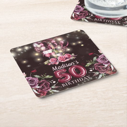Wijn & Ballonnen 50e verjaardag gepersonaliseerd Kartonnen Onderzetters (Schuin)