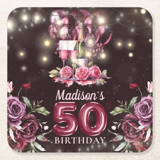 Wijn & Ballonnen 50e verjaardag gepersonaliseerd Kartonnen Onderzetters (Voorkant)