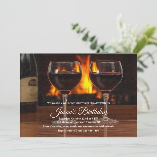 Wijn bij de haard uitnodiging (Staand voorkant)