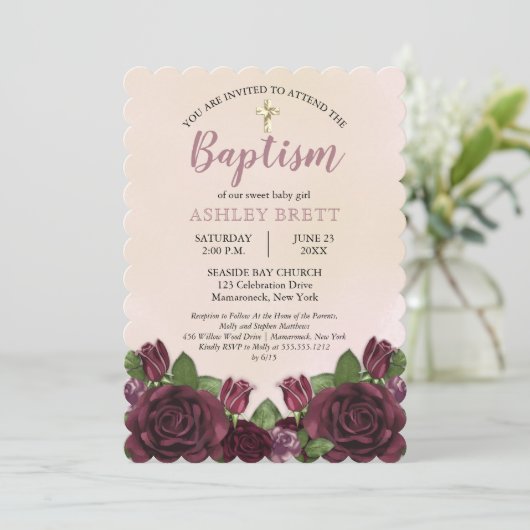 Wijn | Blush | Mauve Painterly Floral Baptisme Kaart (Staand voorkant)