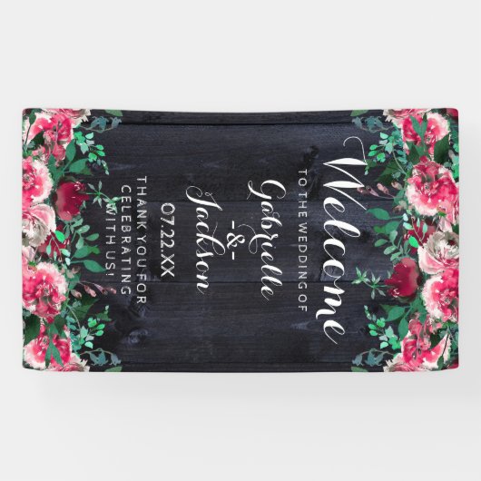 Wijn Blush & Navy Wood Bourgogne Bruiloft Welkom Spandoek (Horizontaal)