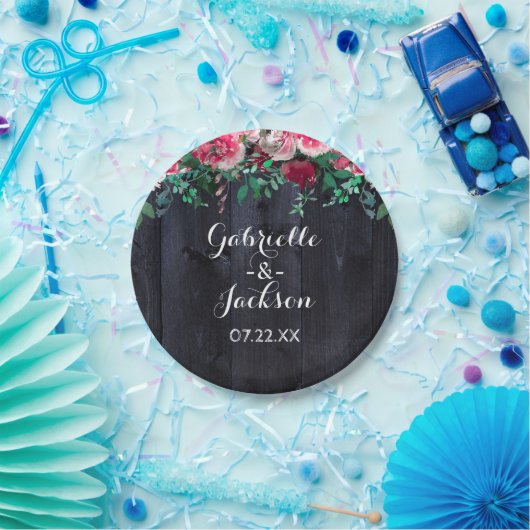 Wijn Blush & Navy Wood Burgundy Weddenschap Monogr Papieren Bordje (Feest)