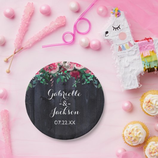 Wijn Blush & Navy Wood Burgundy Weddenschap Monogr Papieren Bordje (Feest)