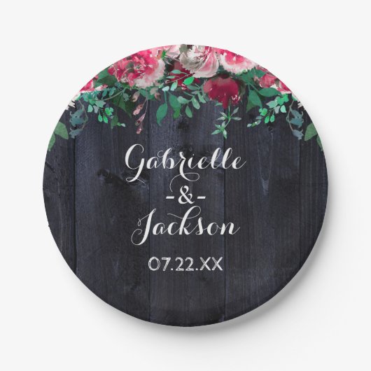 Wijn Blush & Navy Wood Burgundy Weddenschap Monogr Papieren Bordje (Voorkant)